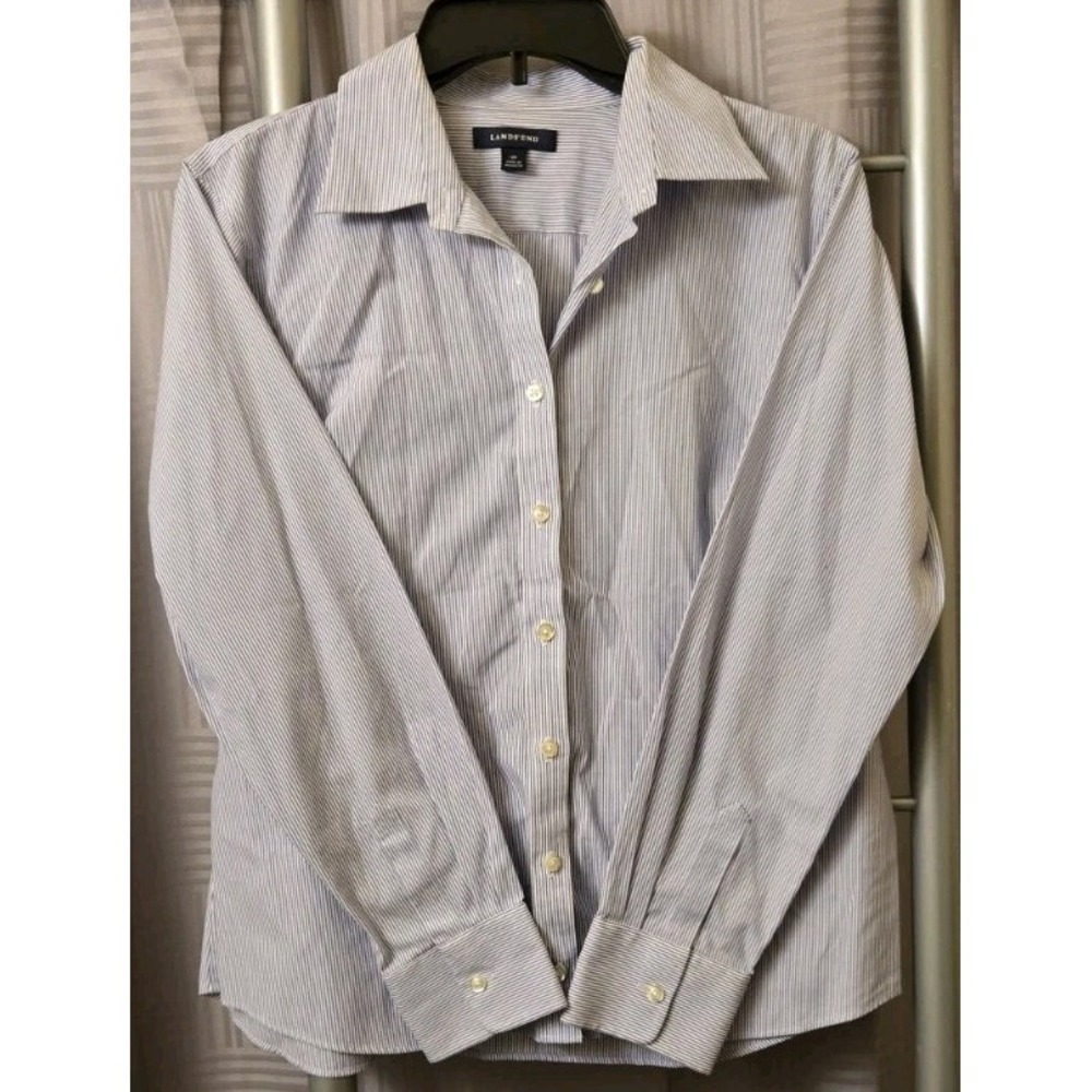 Lands End Blue White Striped Cotton Blend Long Sleeve Button Up Blouse Size 12P
